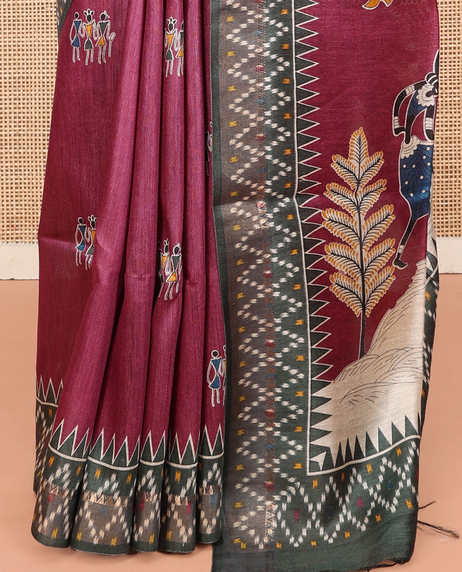 Purple Tussar Silk Saree, Adorned with Warli Motifs, a Contrast Temple Border, Pallu Depicts Warli Motifs, and a Contrast Blouse