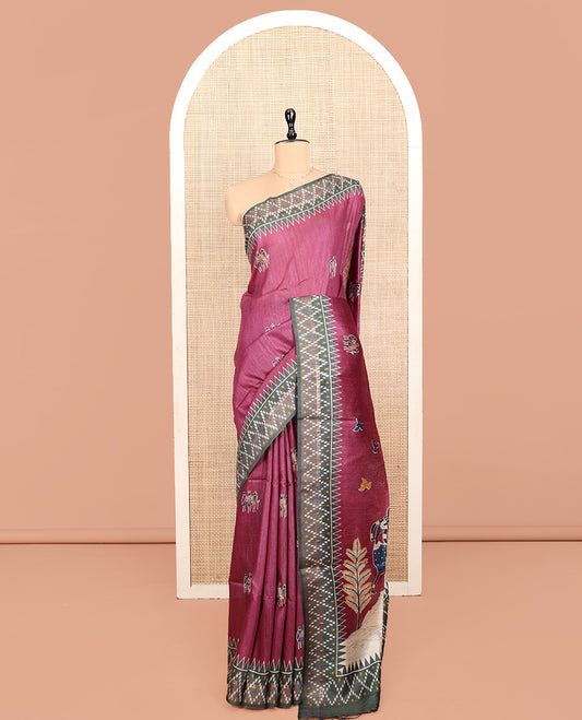 Purple Tussar Silk Saree, Adorned with Warli Motifs, a Contrast Temple Border, Pallu Depicts Warli Motifs, and a Contrast Blouse