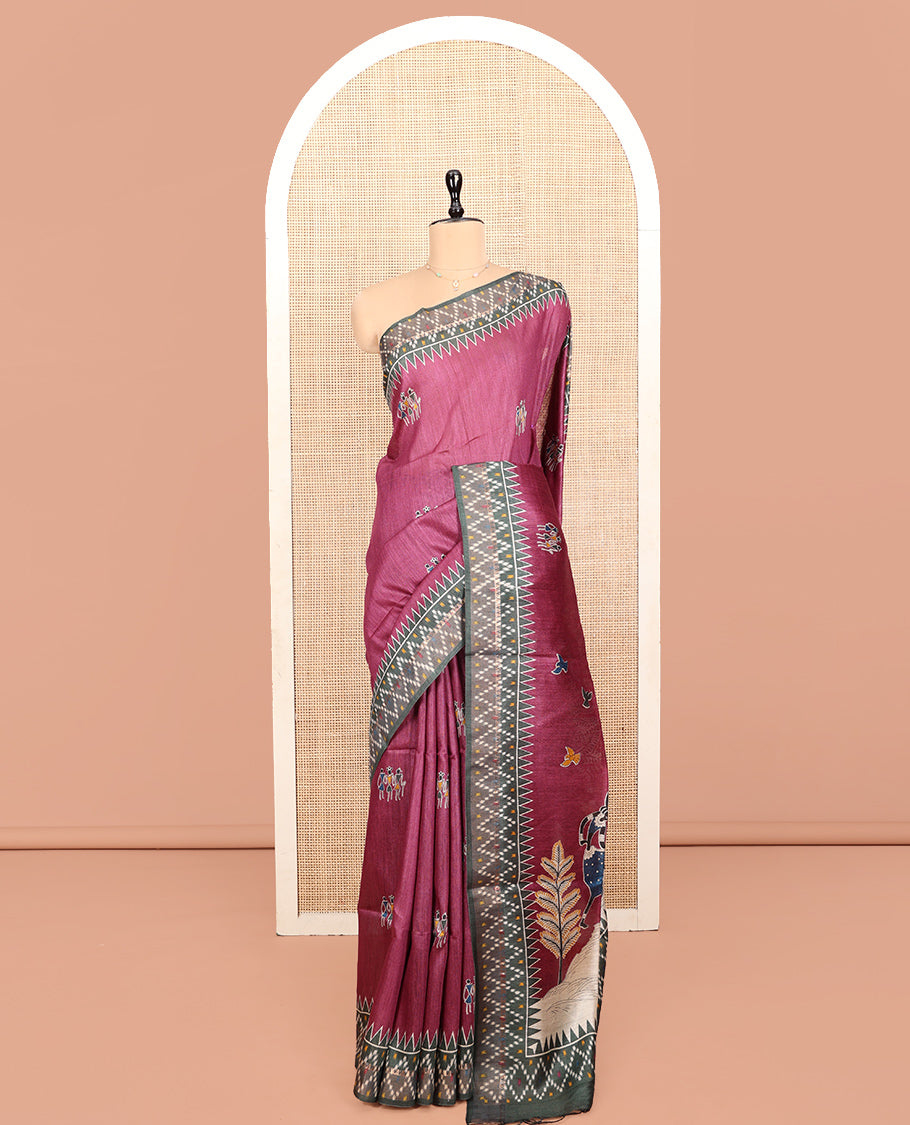 Purple Tussar Silk Saree, Adorned with Warli Motifs, a Contrast Temple Border, Pallu Depicts Warli Motifs, and a Contrast Blouse