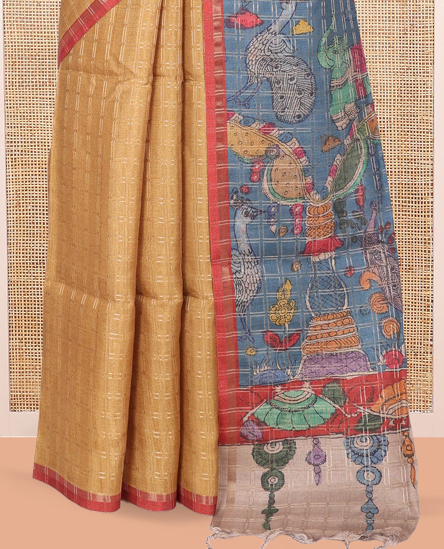 Sandal Fancy Tussar Silk Saree, Subtly Sparkled with Checked Design, Contrast Zari Piping Border, Pallu of Kalamkari Animal Motifs, and Contrast Kalamkari Printed Blouse