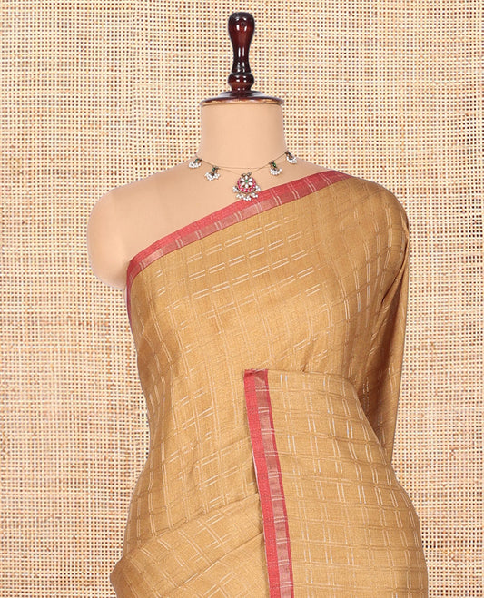 Sandal Fancy Tussar Silk Saree, Subtly Sparkled with Checked Design, Contrast Zari Piping Border, Pallu of Kalamkari Animal Motifs, and Contrast Kalamkari Printed Blouse