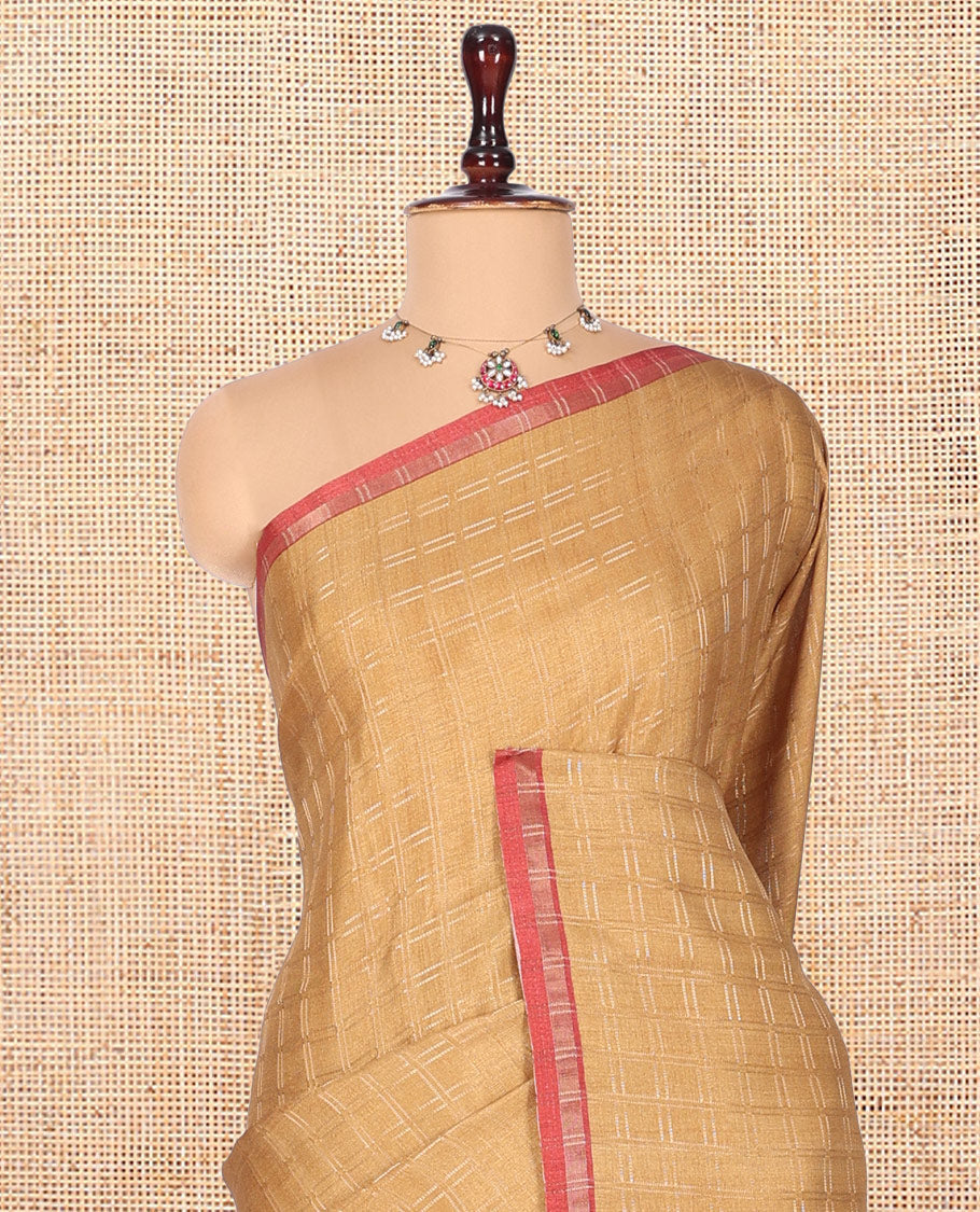 Sandal Fancy Tussar Silk Saree, Subtly Sparkled with Checked Design, Contrast Zari Piping Border, Pallu of Kalamkari Animal Motifs, and Contrast Kalamkari Printed Blouse