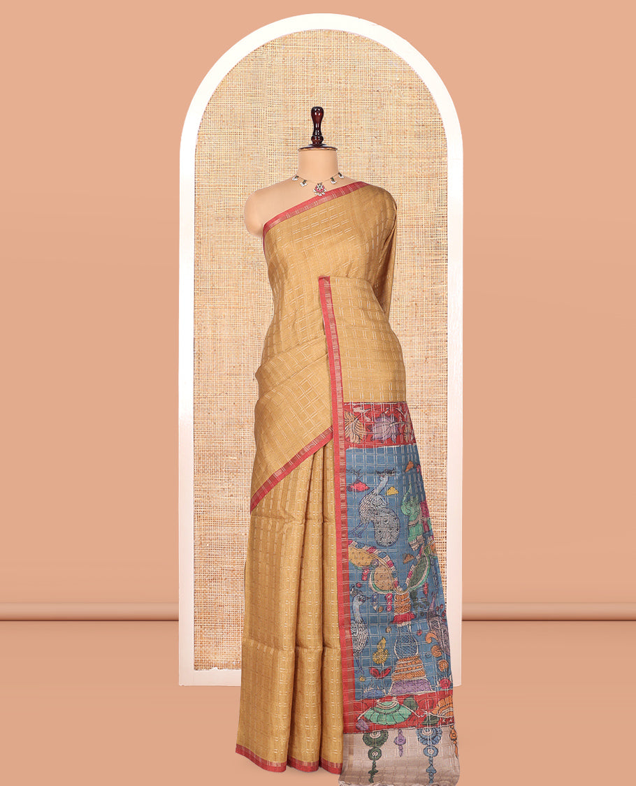 Sandal Fancy Tussar Silk Saree, Subtly Sparkled with Checked Design, Contrast Zari Piping Border, Pallu of Kalamkari Animal Motifs, and Contrast Kalamkari Printed Blouse