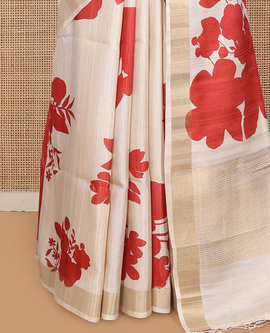 Cream Tussar Silk Saree, Adorned with Floral Silhouette Print, a Zari Border, and a Contrast Printed Blouse