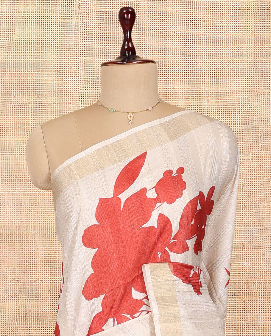 Cream Tussar Silk Saree, Adorned with Floral Silhouette Print, a Zari Border, and a Contrast Printed Blouse