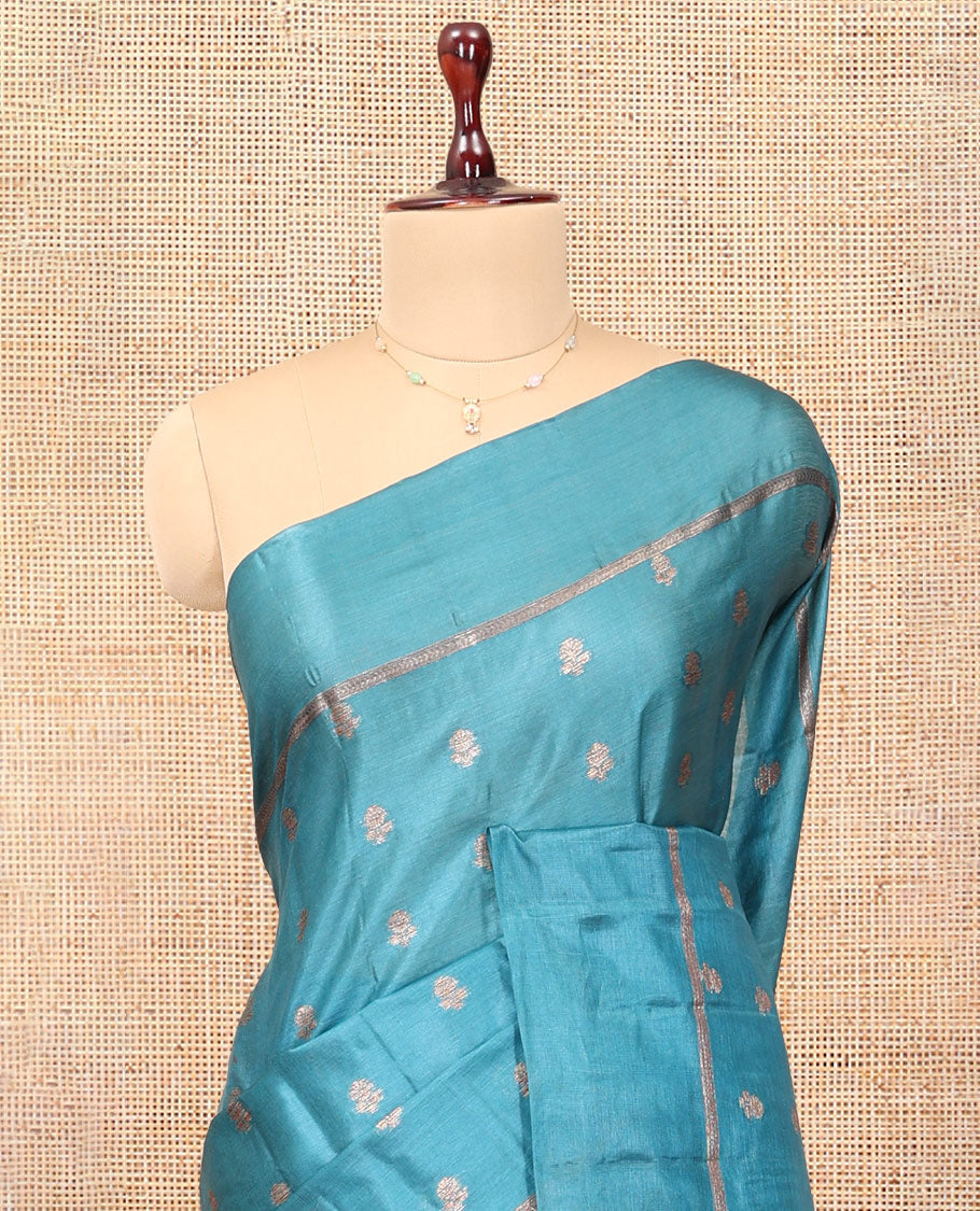 Blue Tussar Silk Saree, Decked Up with Zari Buttas, a Self-Border, Intricate Design Pallu, and a Matching Blouse