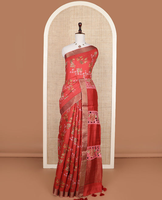 Red floral printed tussar silk saree, zari bavanji border, and embroidered pallu