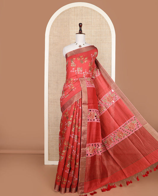 Red floral printed tussar silk saree, zari bavanji border, and embroidered pallu