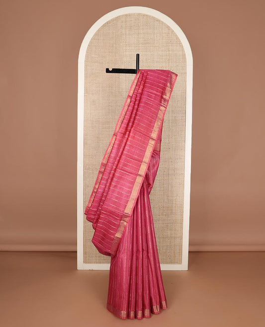 Pink vertical thread striped tussar silk saree, zari border and striped pallu