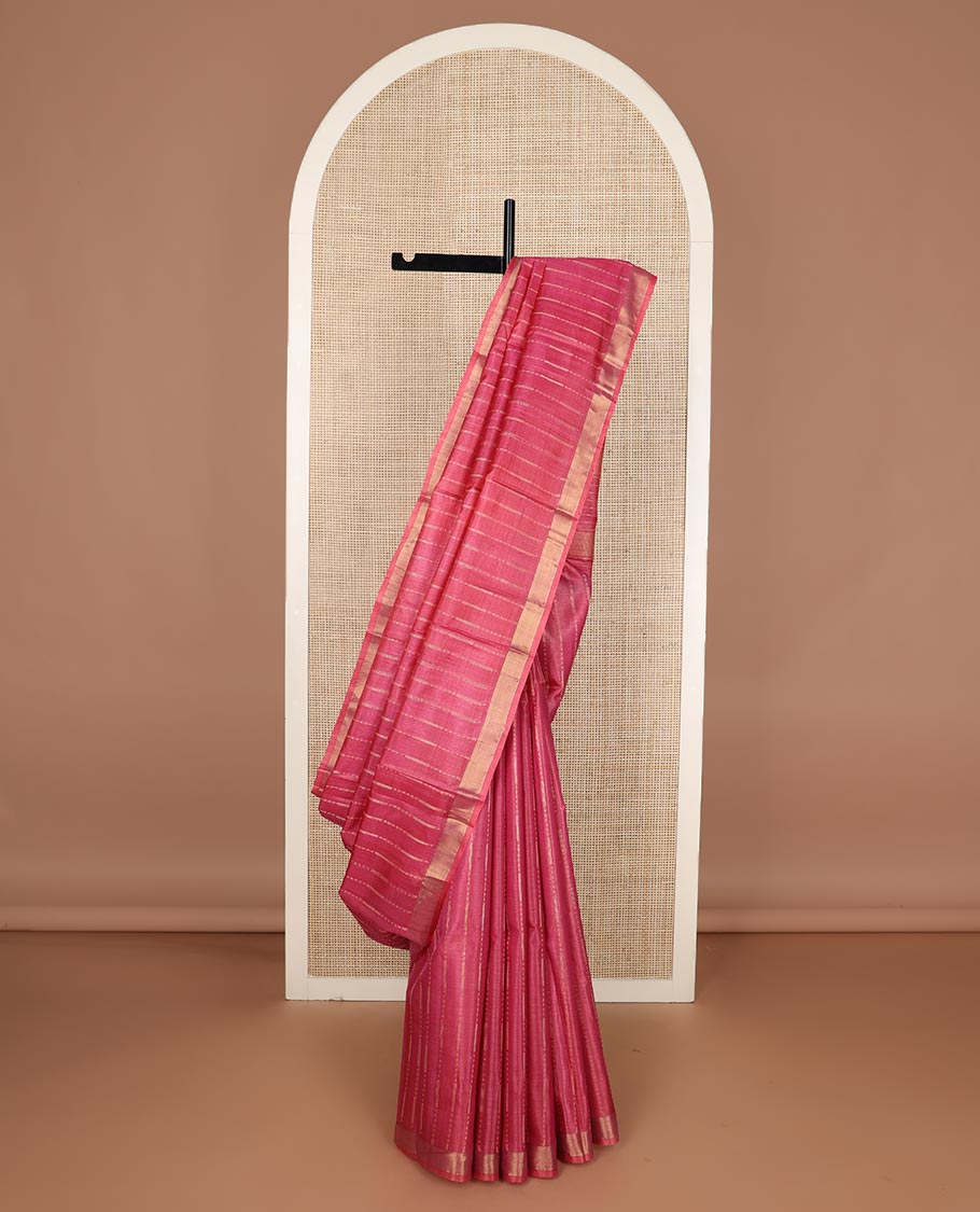 Pink vertical thread striped tussar silk saree, zari border and striped pallu