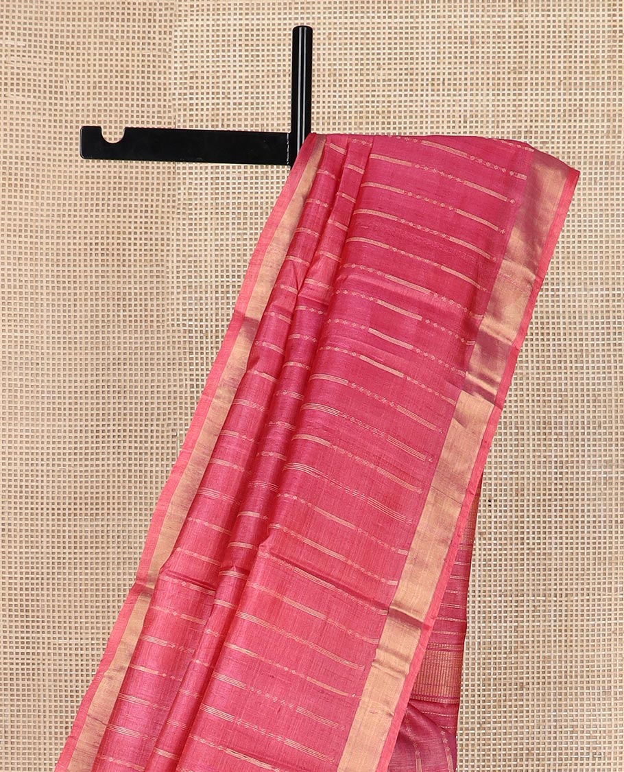Pink vertical thread striped tussar silk saree, zari border and striped pallu