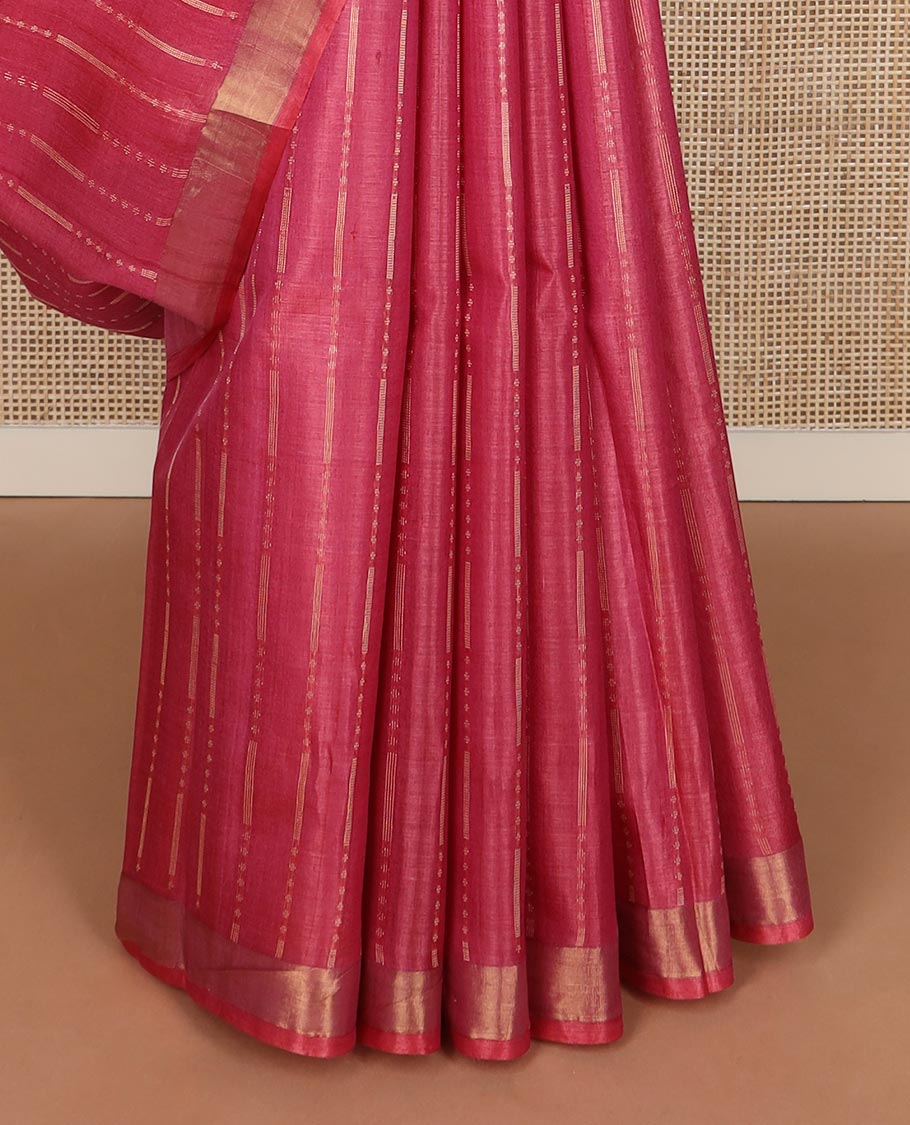 Pink vertical thread striped tussar silk saree, zari border and striped pallu