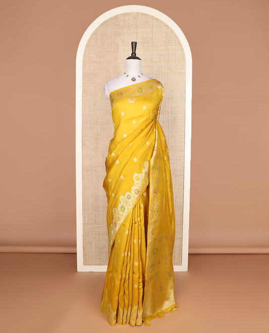 Yellow flower buttas Matka silk saree, scallop floral meenakari zari woven border, and pallu of stripes, and floral meenakari designs