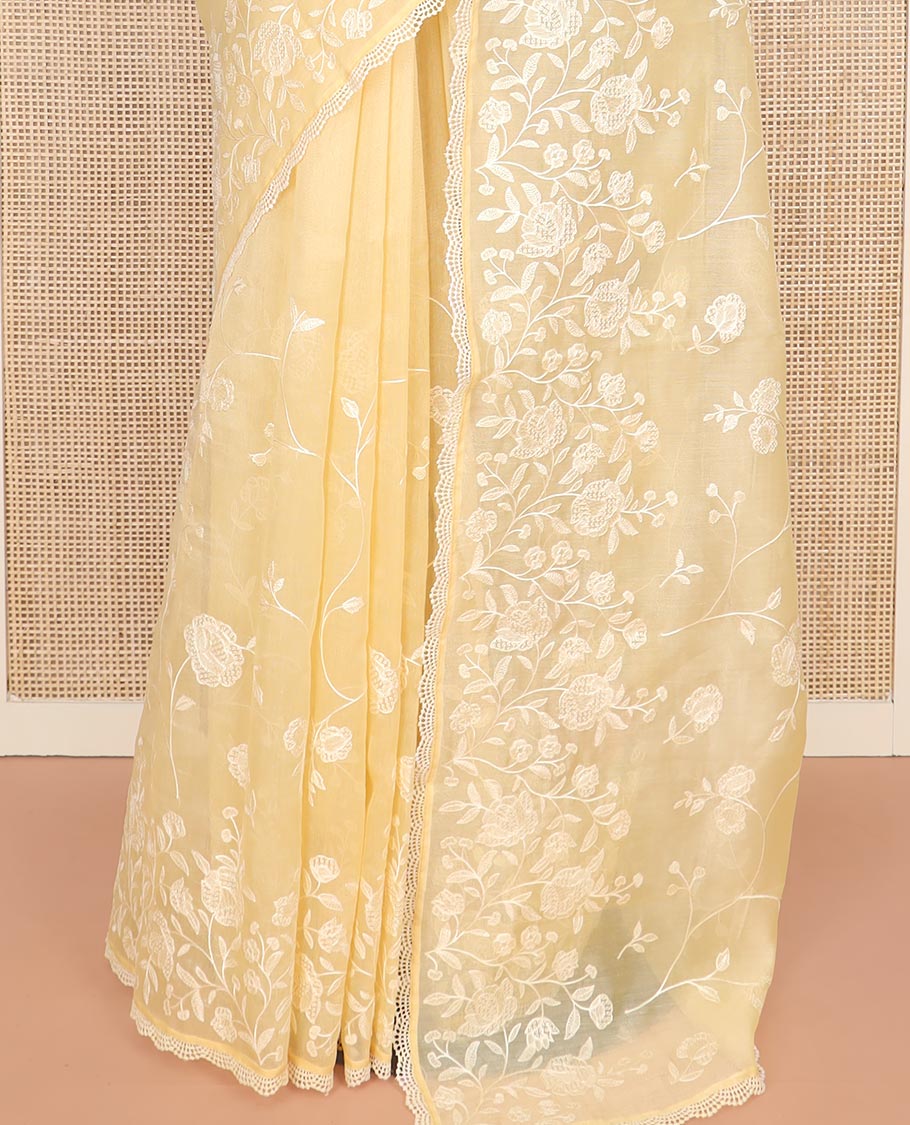 Yellow Crushed Saree, Subtly Sparkled with Silhouette-style Floral Vine Designs On Its Body, Subtle Self-Border, Pallu of Same Designs, and Paired with a Matching Blouse