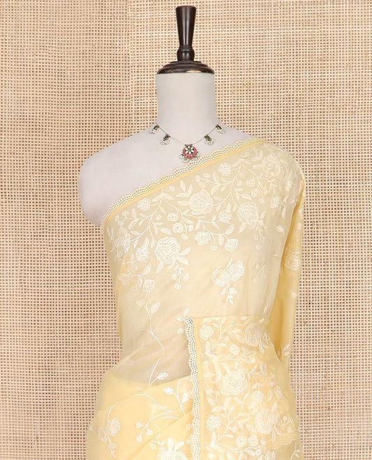 Yellow Crushed Saree, Subtly Sparkled with Silhouette-style Floral Vine Designs On Its Body, Subtle Self-Border, Pallu of Same Designs, and Paired with a Matching Blouse