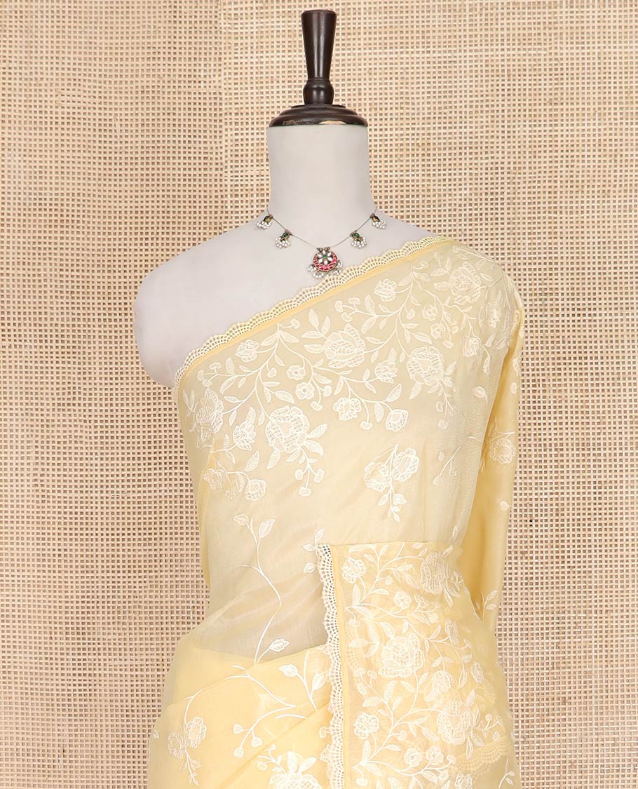 Yellow Crushed Saree, Subtly Sparkled with Silhouette-style Floral Vine Designs On Its Body, Subtle Self-Border, Pallu of Same Designs, and Paired with a Matching Blouse