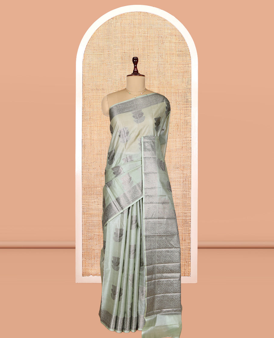 Pale Green Tusser Silk Saree, Woven with Zari Buttas, a Zari Border, Grand Pallu, and a Matching Blouse