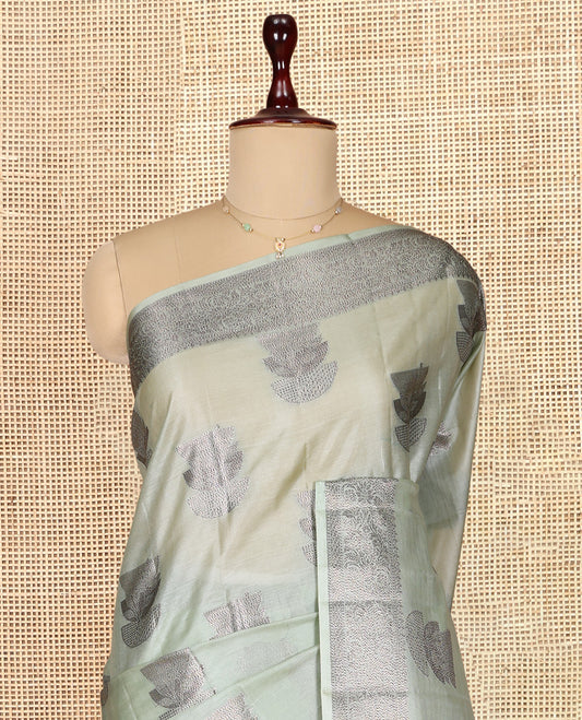 Pale Green Tusser Silk Saree, Woven with Zari Buttas, a Zari Border, Grand Pallu, and a Matching Blouse