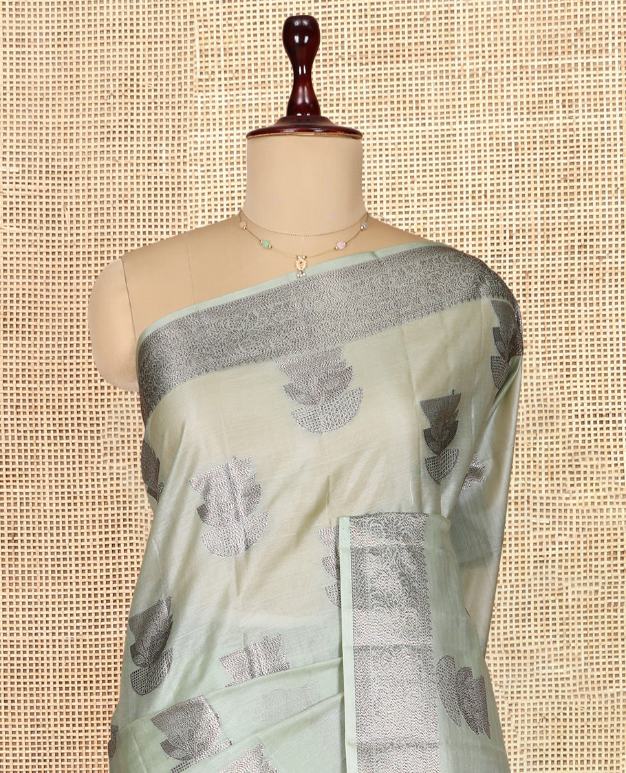 Pale Green Tusser Silk Saree, Woven with Zari Buttas, a Zari Border, Grand Pallu, and a Matching Blouse