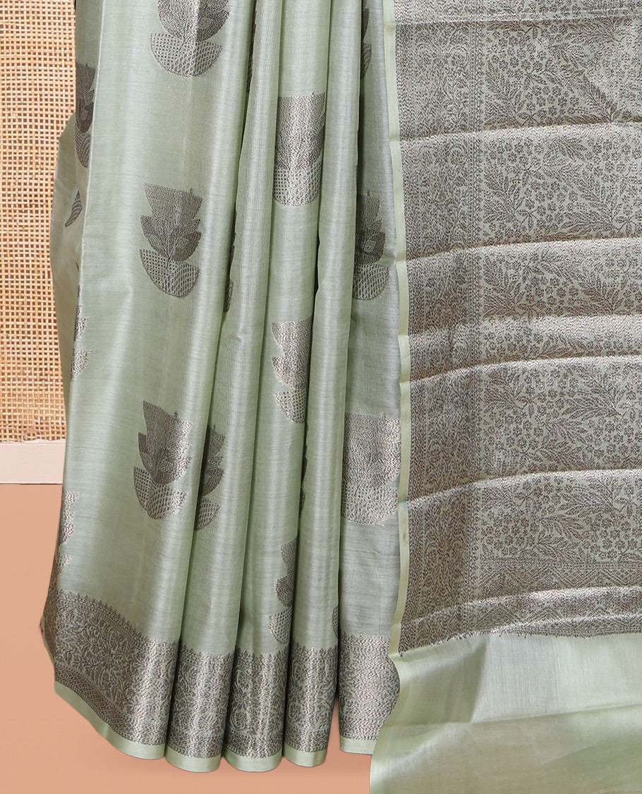 Pale Green Tusser Silk Saree, Woven with Zari Buttas, a Zari Border, Grand Pallu, and a Matching Blouse