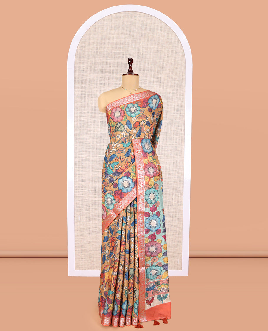 Sandal Kalamkari Printed Fancy Tussar Saree
