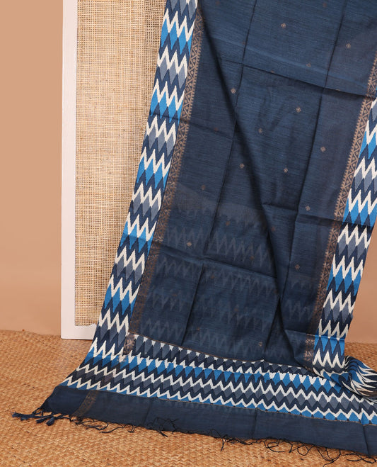 Blue tussar saree with buttas, contrast pochampally ikkat-style geometric patterned border & pallu