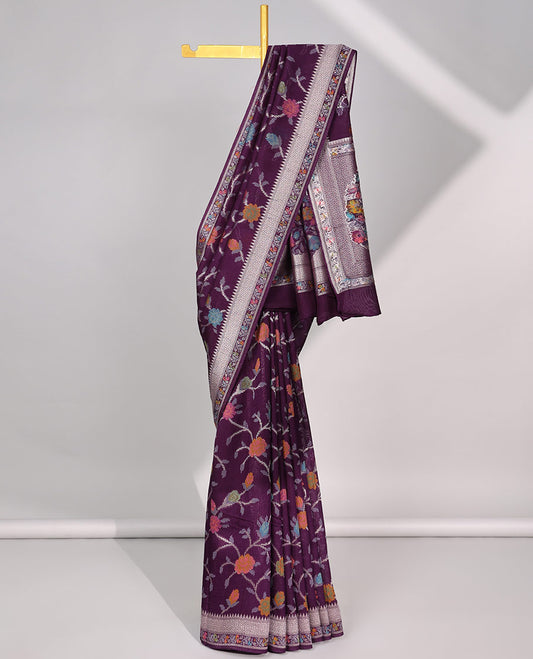 Purple floral vine design matka silk saree with self zari border & pallu of intricate zari design