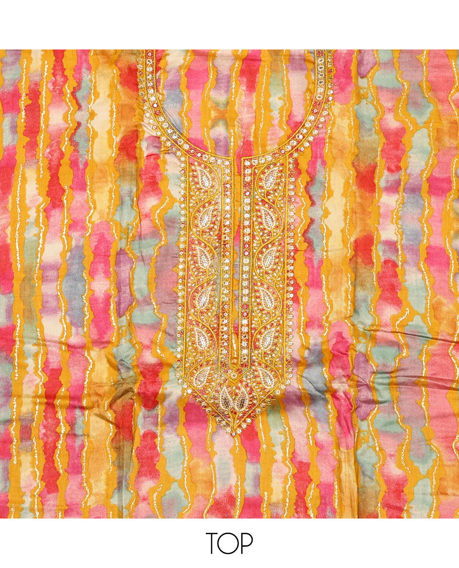 Yellow  material chudidar set, abstract printed with neck embroidered top, plain bottom, and contrast embroidered motifs dupatta