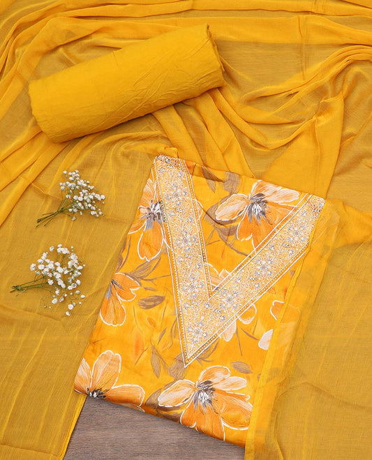 Yellow material chudidar set, floral printed with V-neck mixed embroidered top, plain bottom and plain dupatta