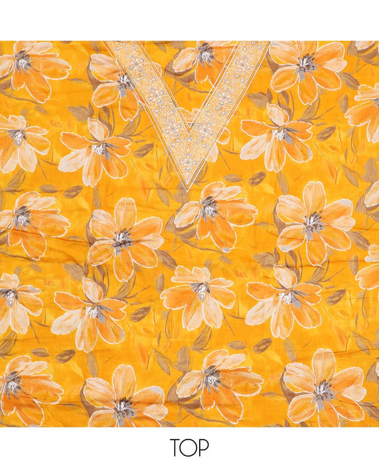 Yellow material chudidar set, floral printed with V-neck mixed embroidered top, plain bottom and plain dupatta