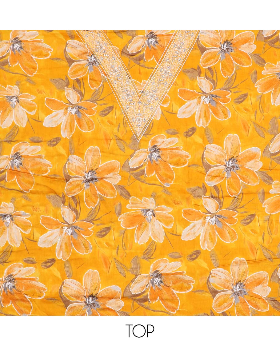 Yellow material chudidar set, floral printed with V-neck mixed embroidered top, plain bottom and plain dupatta
