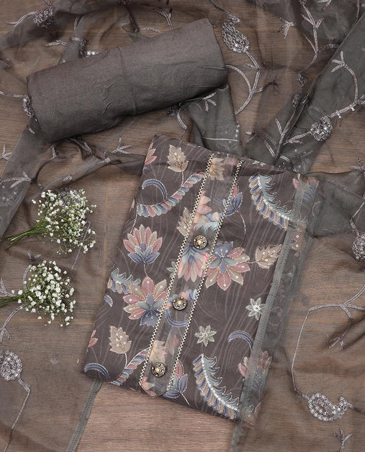 Brown material chudidar set, floral printed with thread outline, embroidered top, plain bottom, and floral jaal sequins embroidered dupatta