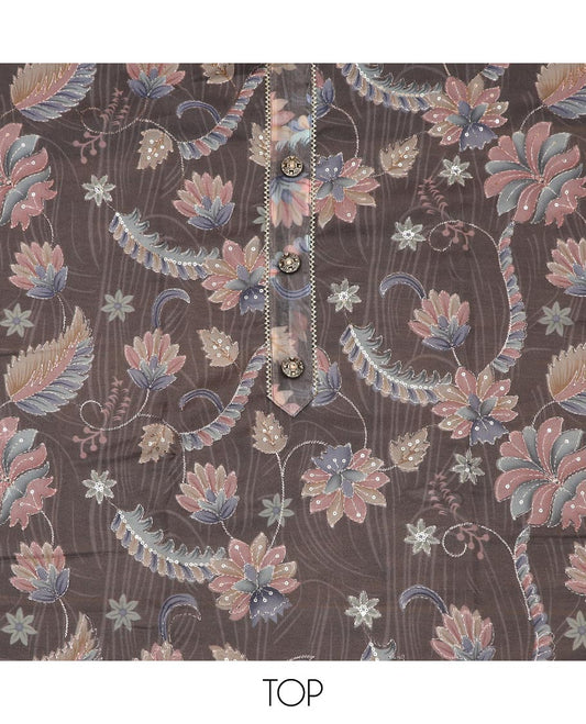 Brown material chudidar set, floral printed with thread outline, embroidered top, plain bottom, and floral jaal sequins embroidered dupatta