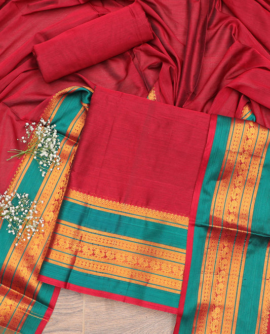 Red intricate zari design chudidhar material top with plain bottom & plain, zari design border dupatta
