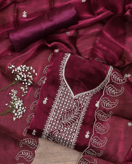 Wine material chudidar set, thread embroidered top, plain bottom, and thread embroidered scallop dupatta