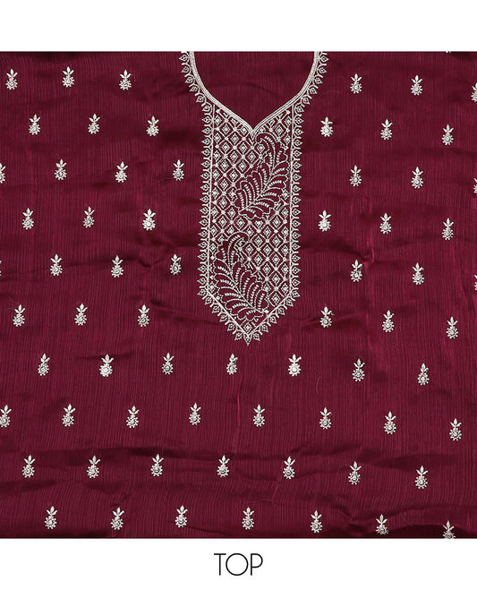 Wine material chudidar set, thread embroidered top, plain bottom, and thread embroidered scallop dupatta
