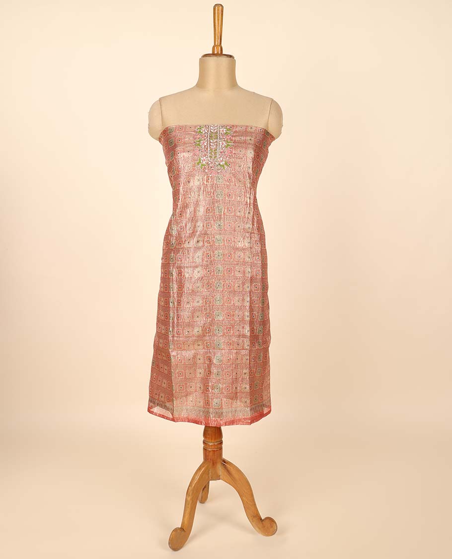Red material chudidhar set, jacquard & embroidery top, plain bottom & floral print dupatta