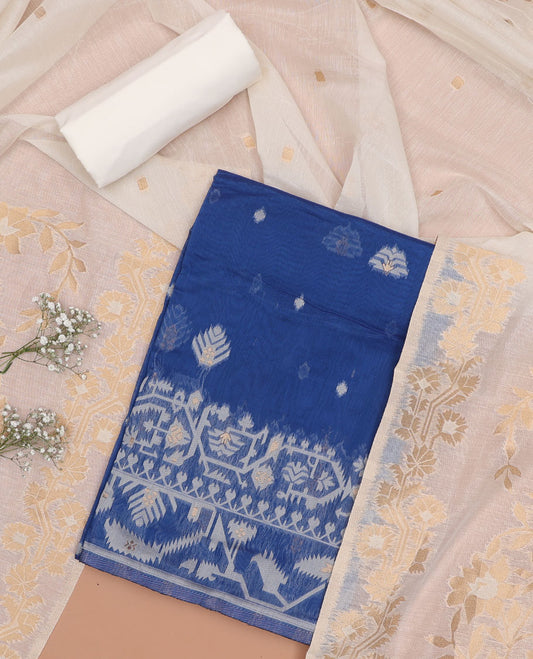 Blue chudidhar material set, ikkat floral design top , plain bottom & floral design dupatta