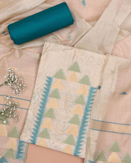 Cream chudidhar material set, geometric design top , blue plain bottom & geometric design dupatta