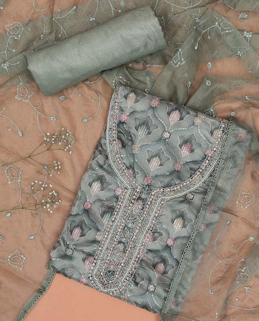 Green chudidhar material set floral sequins embroidered top with plain bottom & sequins embroidered dupatta