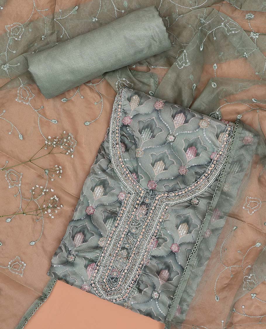 Green chudidhar material set floral sequins embroidered top with plain bottom & sequins embroidered dupatta