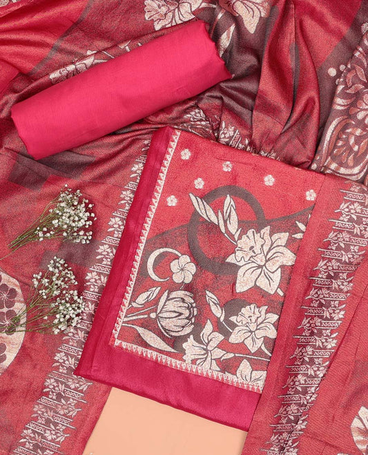 Red chudidhar material set floral design top, plain bottom & floral design dupatta