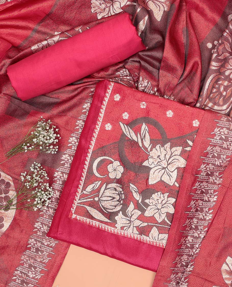 Red chudidhar material set floral design top, plain bottom & floral design dupatta