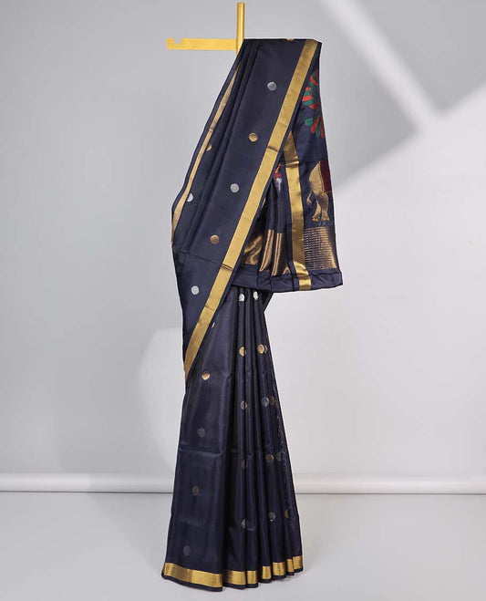Black polka dot upadda silk saree with self zari border & floral, animal design pallu