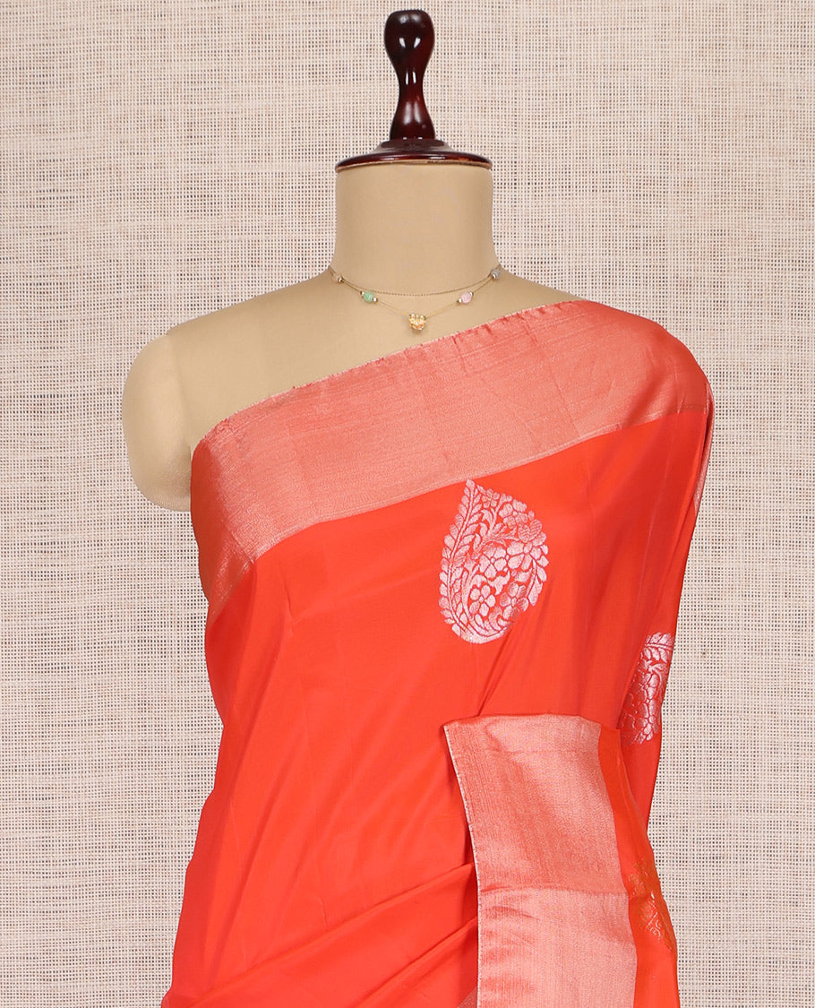 Orange Uppada Saree, Crafted with Zari Buttas, a Bavanji Border, Contrast Leaf Vine Pallu, and a Contrast Blouse