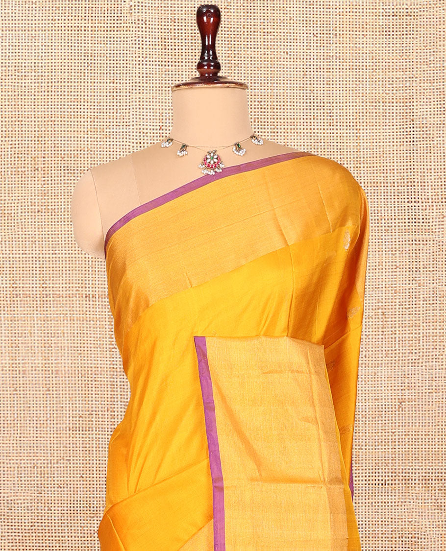 Yellow Uppada Silk Saree, Sparsely Woven with Buttas, Highlighted by a Zari Border, Contrast Zari Design Pallu, and a Contrast Blouse