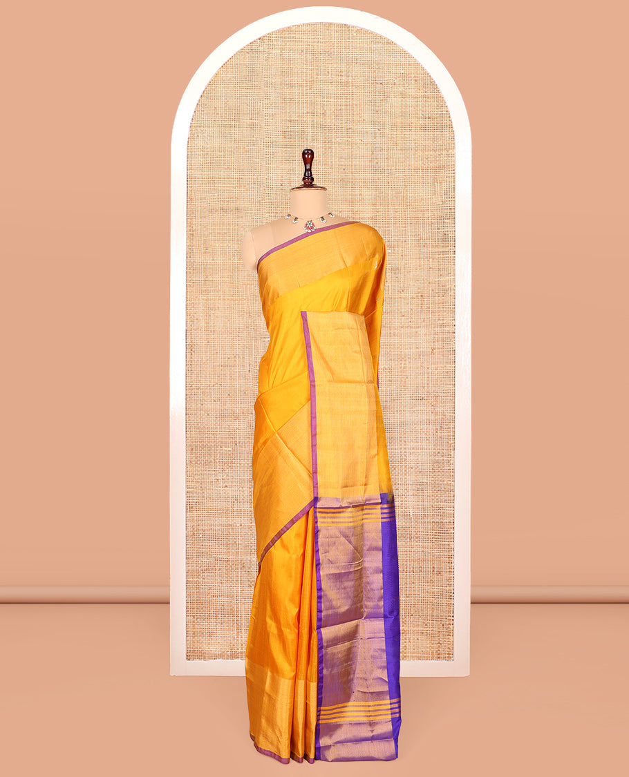 Yellow Uppada Silk Saree, Sparsely Woven with Buttas, Highlighted by a Zari Border, Contrast Zari Design Pallu, and a Contrast Blouse