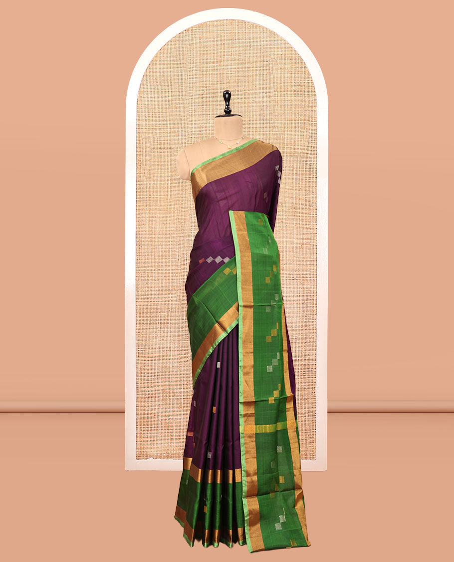 Purple Uppada Silk Saree, Adorned with Square-Shaped Buttas, Contrast Square-Shaped Buttas Border, Buttas Woven Pallu, and a Contrast Blouse