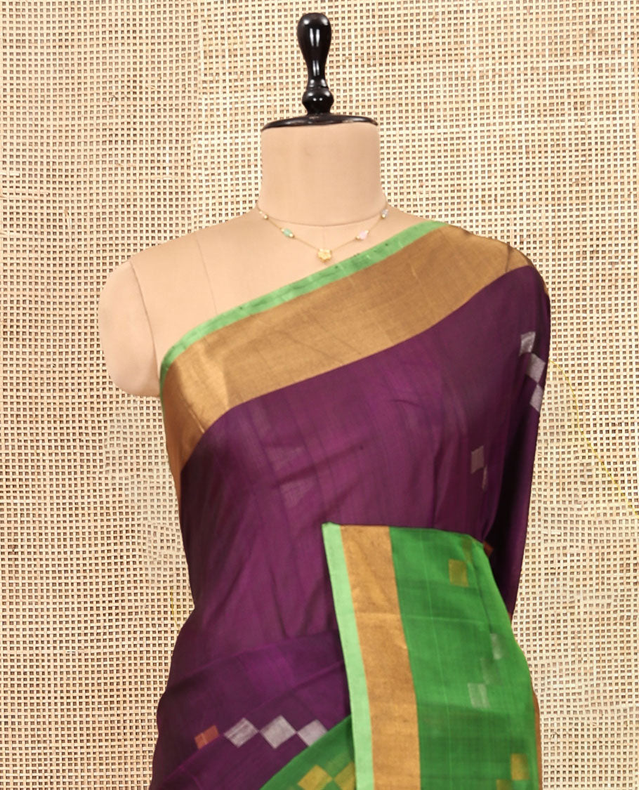 Purple Uppada Silk Saree, Adorned with Square-Shaped Buttas, Contrast Square-Shaped Buttas Border, Buttas Woven Pallu, and a Contrast Blouse