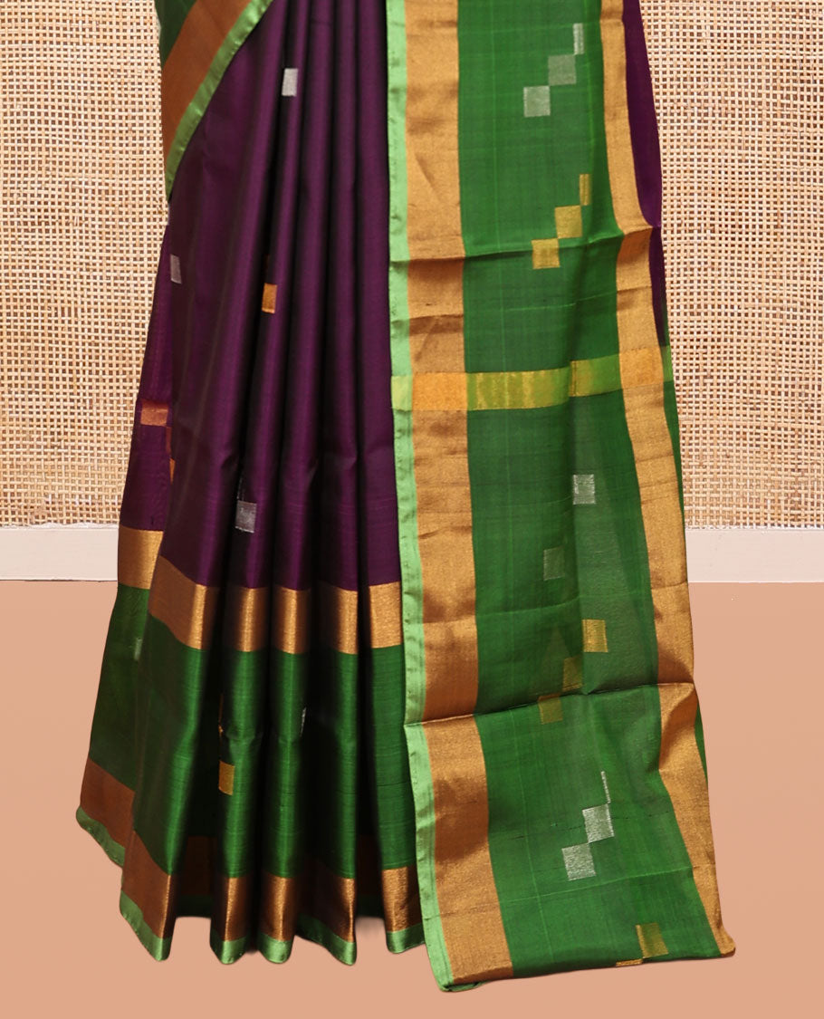 Purple Uppada Silk Saree, Adorned with Square-Shaped Buttas, Contrast Square-Shaped Buttas Border, Buttas Woven Pallu, and a Contrast Blouse